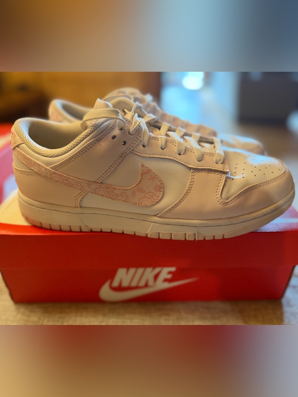 Nike Women’s Dunk Low White Sneakers with Light Paisley Pink Swoosh 10.5